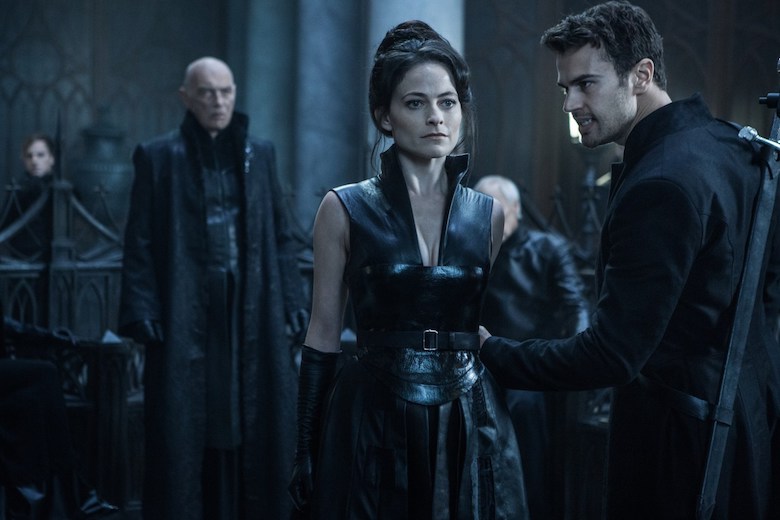 Lara Pulver (center), Theo James (right) and James Faulkner (left) in Screen Gems' UNDERWORLD: BLOOD WARS.